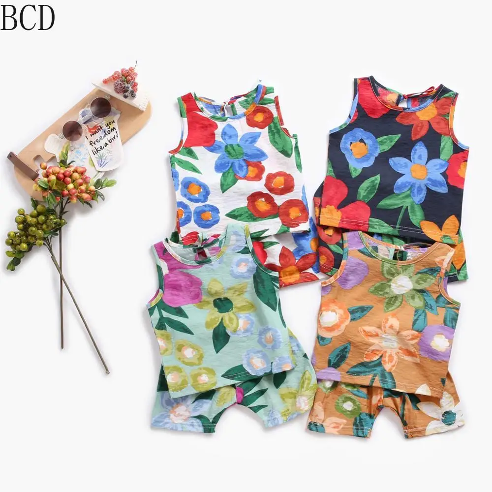 

Summer Baby Clothing Sets Baby Cotton Baby 2pcs Floral Print Sleeveless Baby Girls Holiday Clothing Baby Girl Clothes Set 2021
