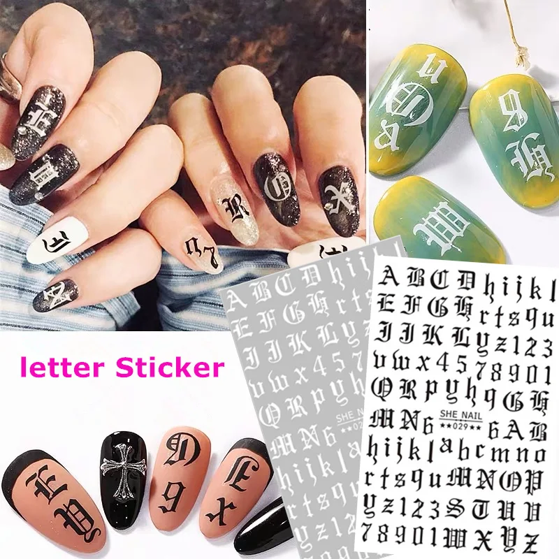 

Newest SHE-029 Black and white gold alphabet nail letter stickers stickers 3d nail art sticker nail decal stamping export japan