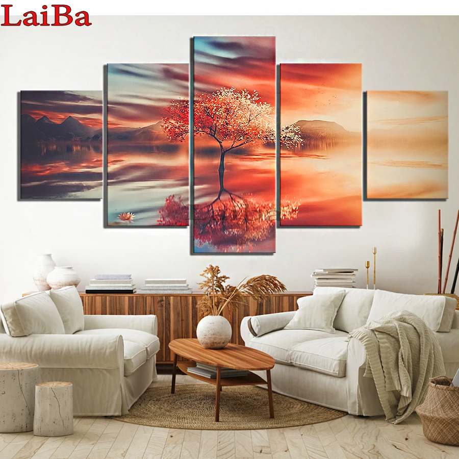 

abstract life tree Diamond painting Lake red tree view 5d DIY Diamond Painting Cross Stitch Diamond Mosaic 5pcs Embroidery decor