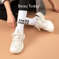 beautoday chunky sneakers women synthetic leather platform cross tied round toe sequins design casual shoes for women 29399