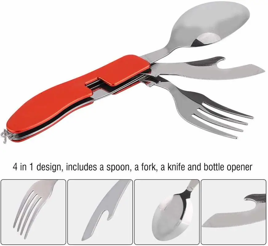 4-in-1 Portable Camping Utensil Stainless Steel Folding Fork Knife Spoon Bottle Opener Set Multifunction Outdoor Tableware | Спорт и