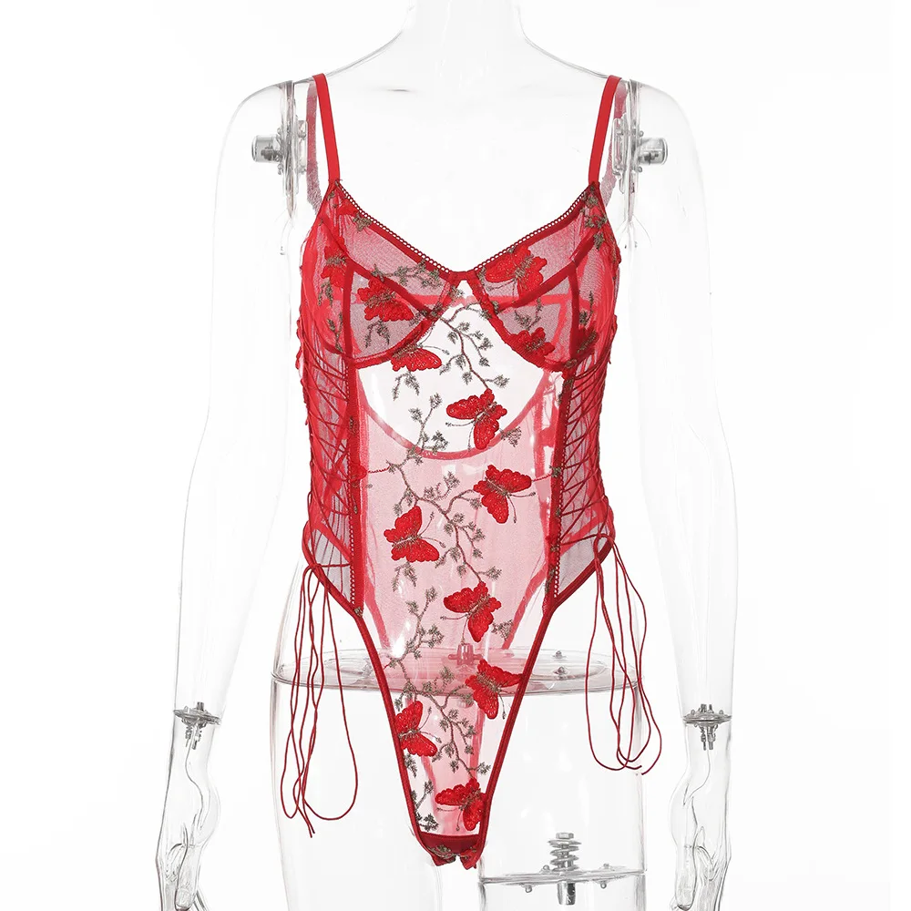 

HOT New Ladies Unergarment Trend Sexy Female Bodysuit Lace Butterfly Embroidery Skinny See-through Sheer Body-shaping Onesie