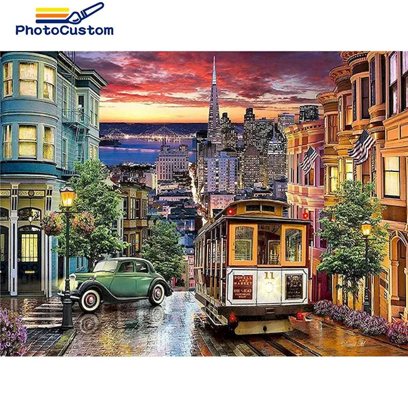 

PhotoCustom 5D Diamond Mosaic Painting Landscape DIY Full Diamond Embroidery Bus Rhinestone Pictures Decoration For Home