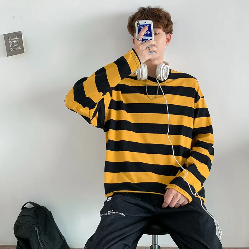 

Новинка 2021, Мужская футболка в полоску, Мужская трендовая Осенняя футболка для пары, Свободный Топ для ленивых, Мужская футболка большого ра...
