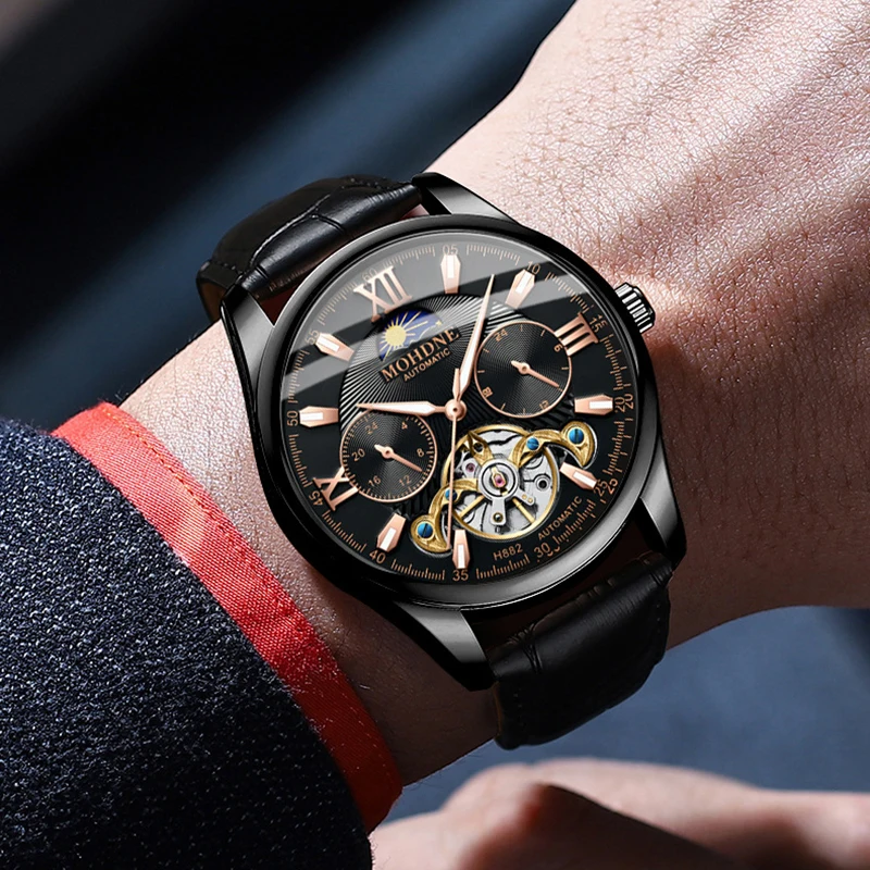 

MOHDNE Waterproof Multifunctional Watches for Unisex Automatic Mechanical Coated Glass Mirror British Style Man's Wristwatch