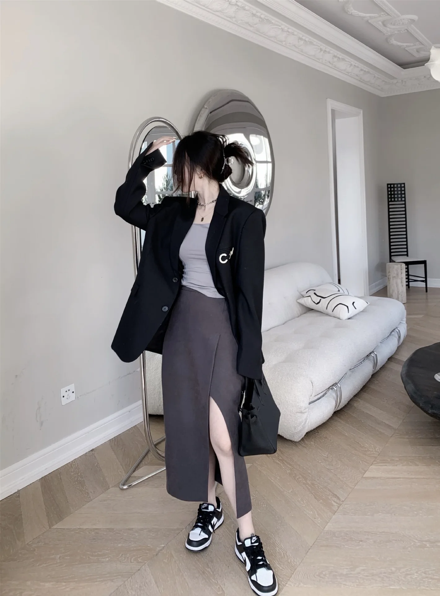 

TVVOVVIN Korean Simple High Waist Split Mid-length Skirt Spring New Solid Color All-match Knitting Skirts 6HXS