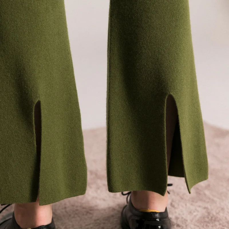 

Cashmere 100% Streetwear Woman Fashion Elastic Waist High Flare Pants Knitted Skinny Korean Style Winter Fall 2021 Women