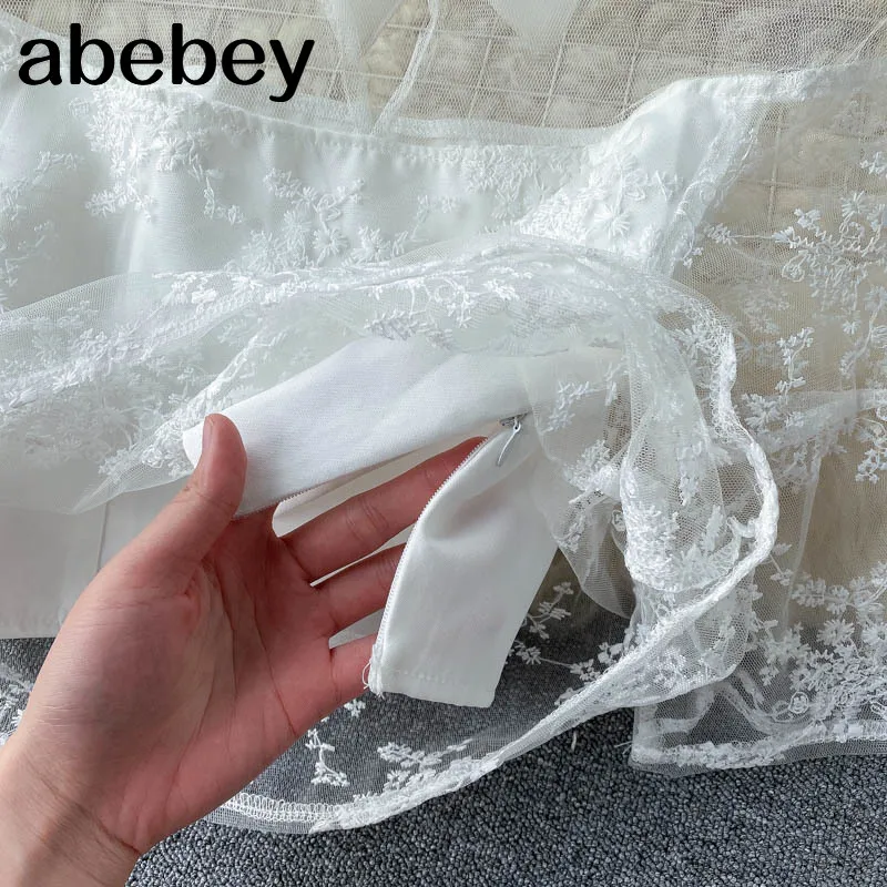 

Women Summer Lace Suit Turndown-Collar Mesh Short Sleeve Top+High Waist A-line Midi Skirts Two Piece Set