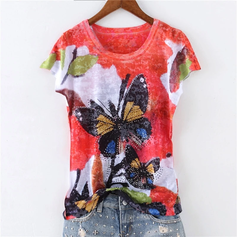 

Fashion Diamond Butterfly Print Women T Shirts Silk Cotton O Neck Short Sleeve Female Casual Summer Ladies Tops Tees