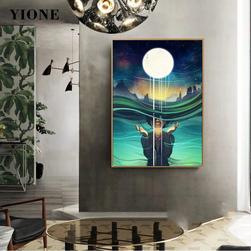 

Norse Mythology Long Hair Girl Canvas Art Posters and Prints Abstract Glowing Sea Sky Fairy Tale Wall Painting Picture for Room