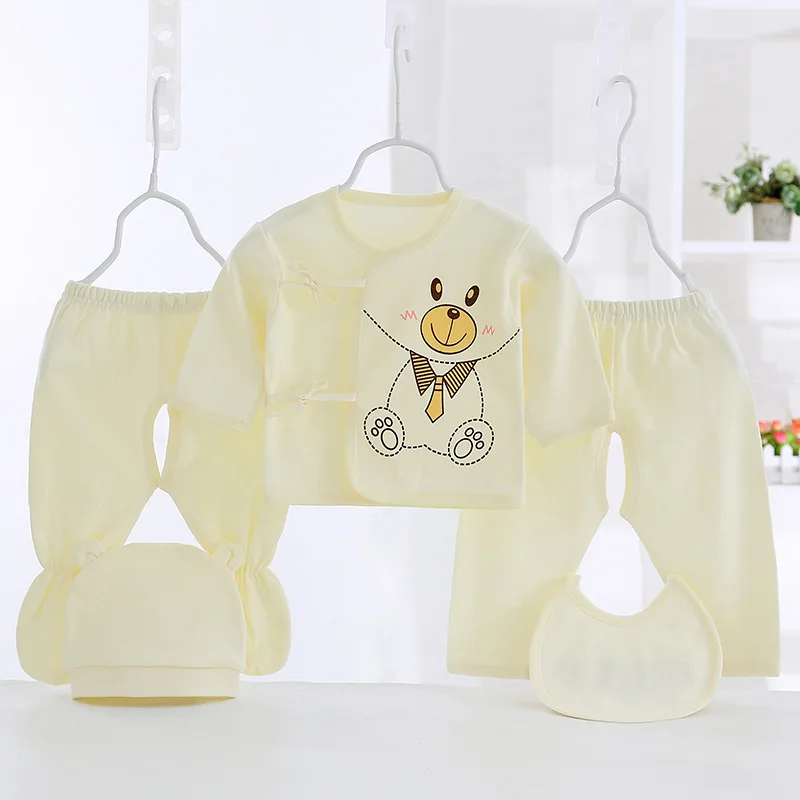 5PCS Tops+Pants+Hat+Bib Cotton Newborn Baby Sets Unisex Print Girl Clothes Long Sleeve Boy Solid Fall Winter | Детская одежда и