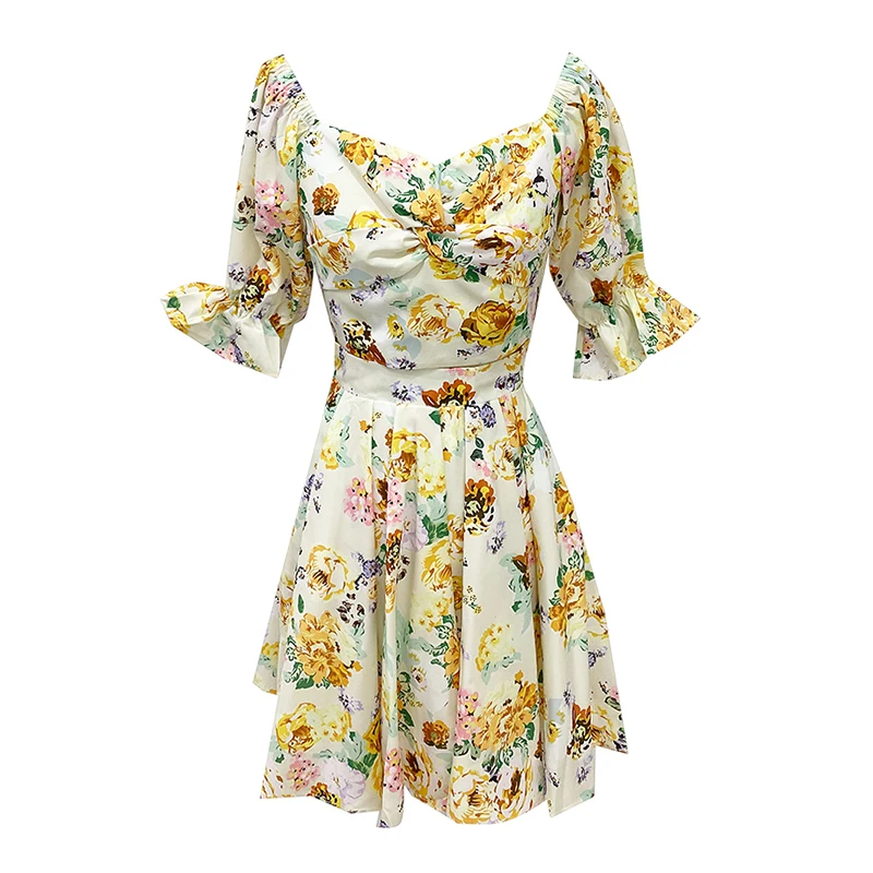 

GALCAUR Print Two Piece Set For Women Slash Neck Puff Half Sleeve Short Top High Waist Mini Skirts Sweet Sets Female 2021 Summer