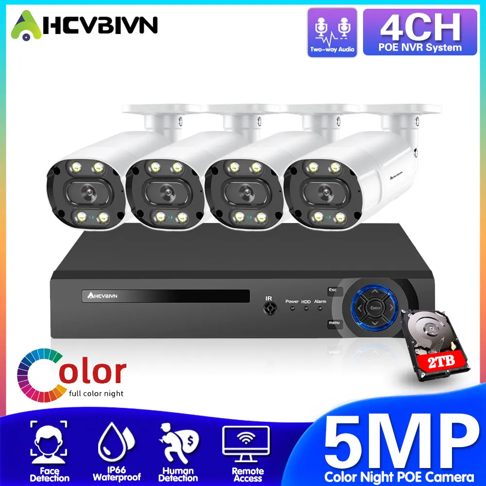 

H.265 5MP POE CCTV Outdoor Camera Kit 4 Cameras 8MP POE NVR Kit 4CH 2 Way Audio Color Night Vision Video Surveillance System Set