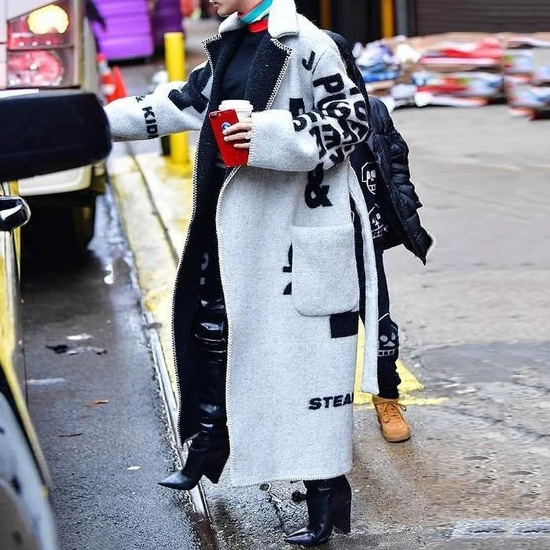 

Lugentolo Long Printed Woolen Coat Women Korean Winter Streetwaer Fashion Loose Lapel Pocket Belt Long Coat Woman