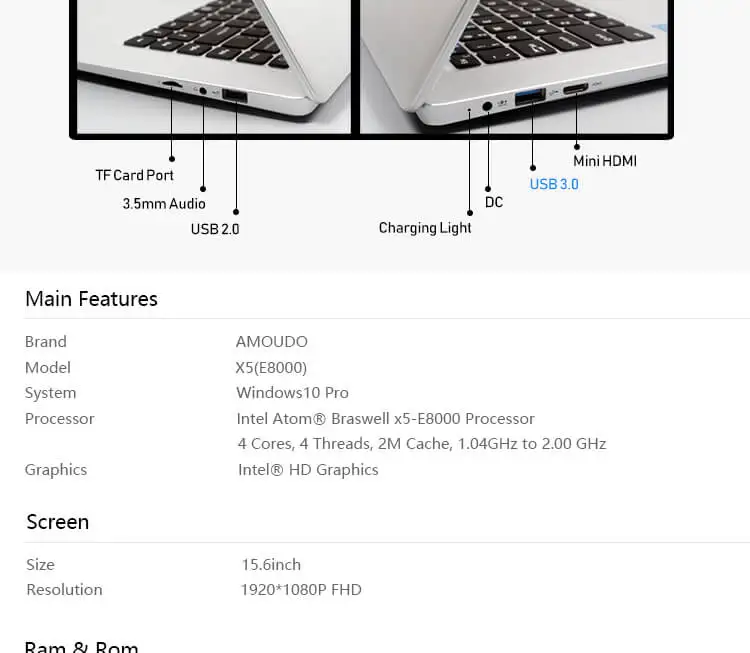 AMOUDO 15,6 дюймов 4 Гб ОЗУ+ 64 Гб eMMC Intel Braswell четырехъядерный Win 10 двухдиапазонный Wifi Bluetooth 4,0 ноутбук компьютер