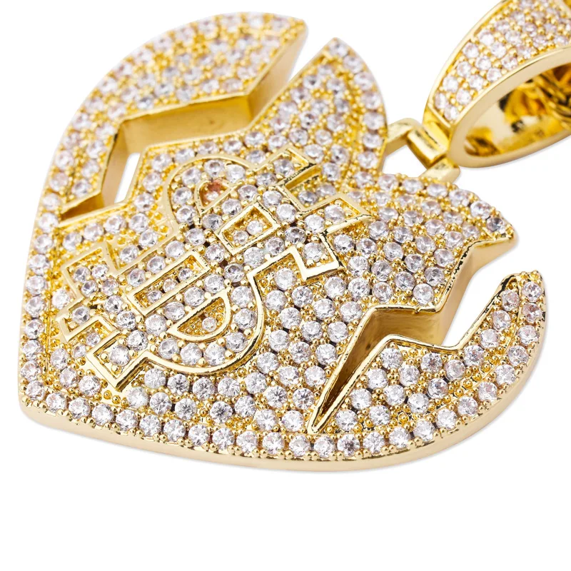 

Hip Hop AAA Cubic Zirconia Paved Bling Iced Out Money Dollars Broken Heart Pendants Necklace for Men Rapper Jewelry Gold Color
