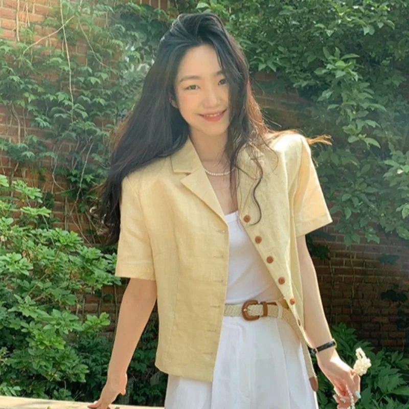 

Kimotimo Woman Jacket Summer 2021 Chic French Style Hit Color Single-breasted Simple Versatile Short-sleeved Female Coat Tops