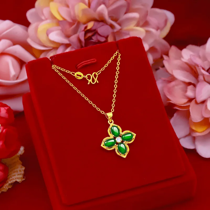 

Luxury 24k Gold Necklace Pendant for Women Jewelry Chalcedony Green Emerald Necklace Chain Gemstone Stone Jade Fine Jewelry Gift