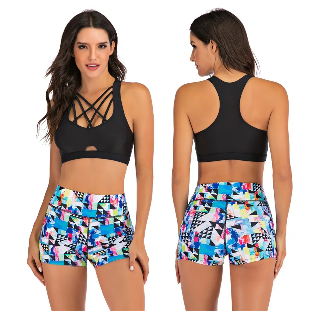 

Summer Black Cross Hollow Women Bathing Suit Two Piece Suits Swimwear Beach Tankini Boxer Surfing Diving Swimsuit