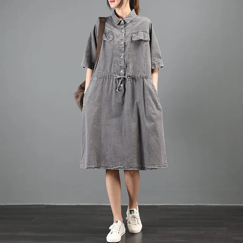 

Jeans Shirt Dress Summer 2020 New Large Size Loose and Thin Literary Retro Vintage Denim Dress Female Mid-length Dress K745