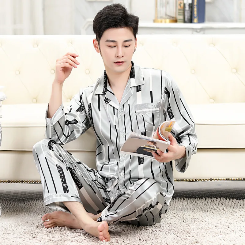 Pajamas Set Mens Stain Silk Pajama For Men Soft Cozy Sleepwear Pyjamas Set Nightgown Tops Trousers Sleeping Male Home Clothing