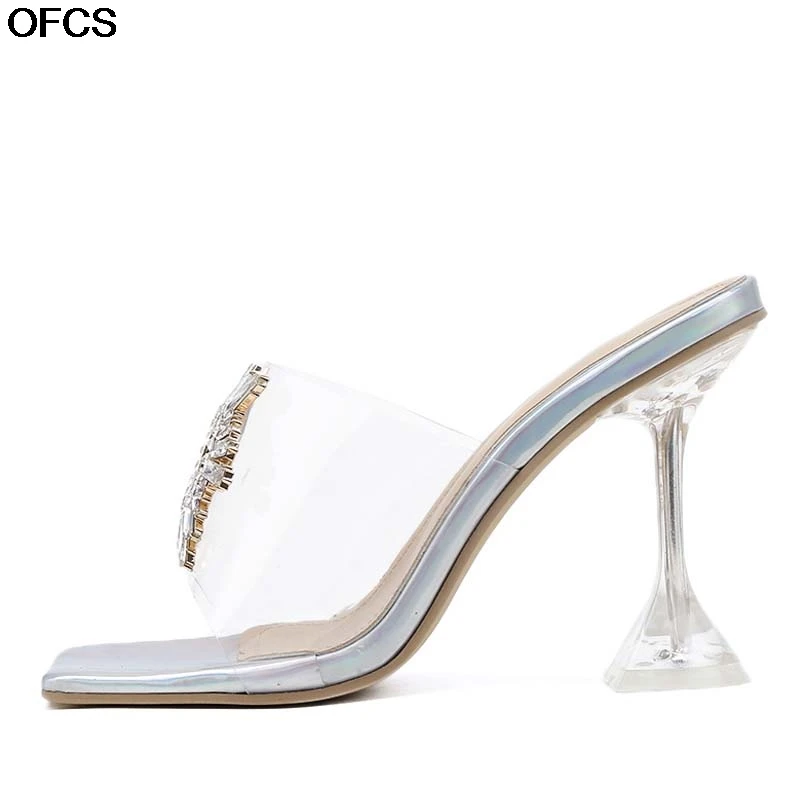 

Womens Slippers Summer Square Toe PVC Transparent Crystal Women Sandals Sun Flowers Buckle Ladies High Heels Shoes Size 35-42