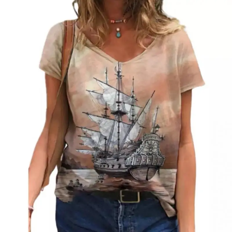 

Summer Tops Women T Shirt Printed Loose Ladies Shirt Harajuku Female V-Neck Short-Sleeve Streetwear 2021 Fashion Plus Size