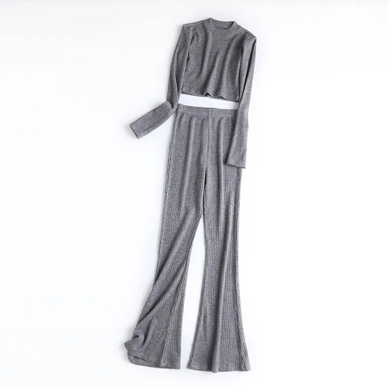 

Spring and autumn new style pure color elegant knitted long-sleeved pullover women, high-waist flared casual pants women's suit