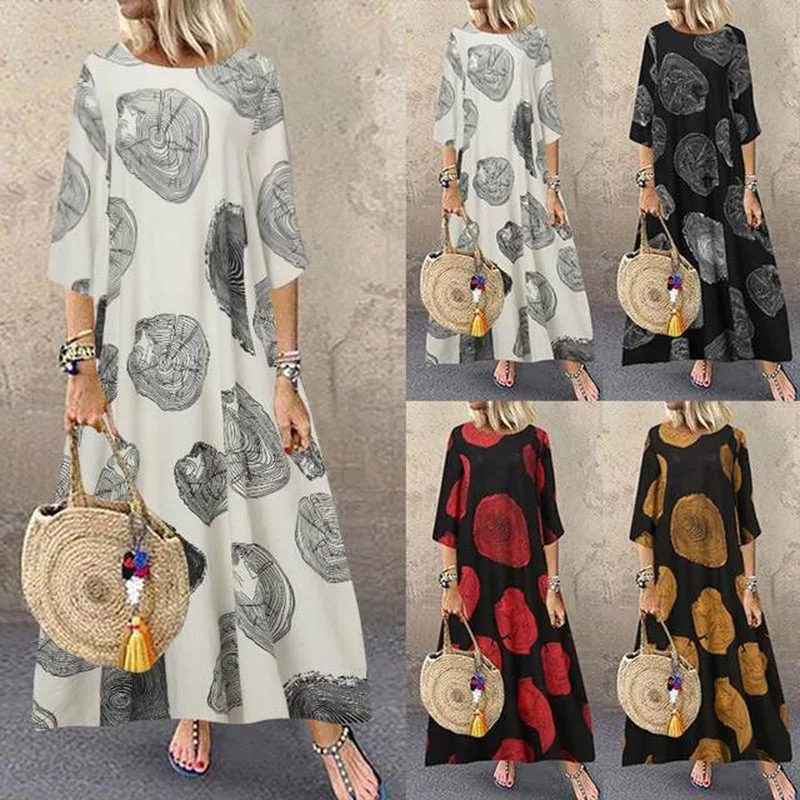 

Spring Autumn Vintage Plus Size Women's Maxi Dress 2021 Fashion Casual Loose Three Quarters Print Solid Lady Long Dress Vestidos