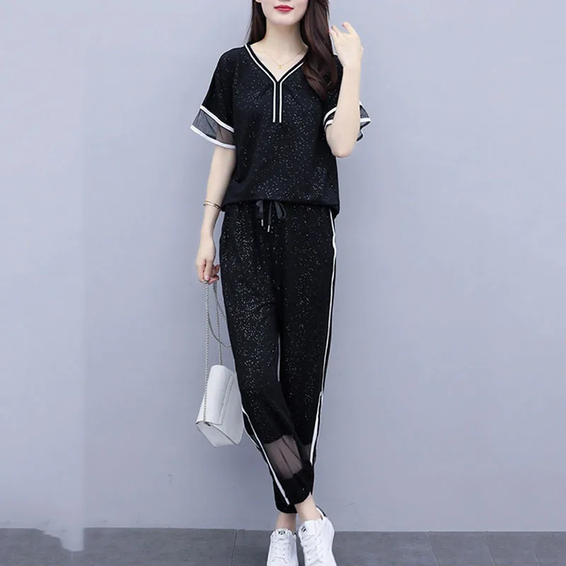 

2021 Summer New Plus Size Women's Clothing Fashion Casual Mesh Stitching T-shirt + Thin pants two-piece Sets women