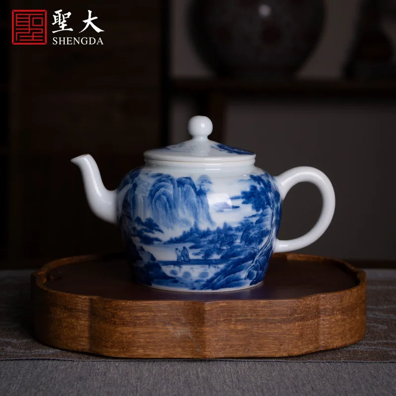 

Чайник для горячей печи, чистый ручная роспись, чайник Цзиндэчжэнь, синий и белый «горный лес друзья», поддерживает чайник