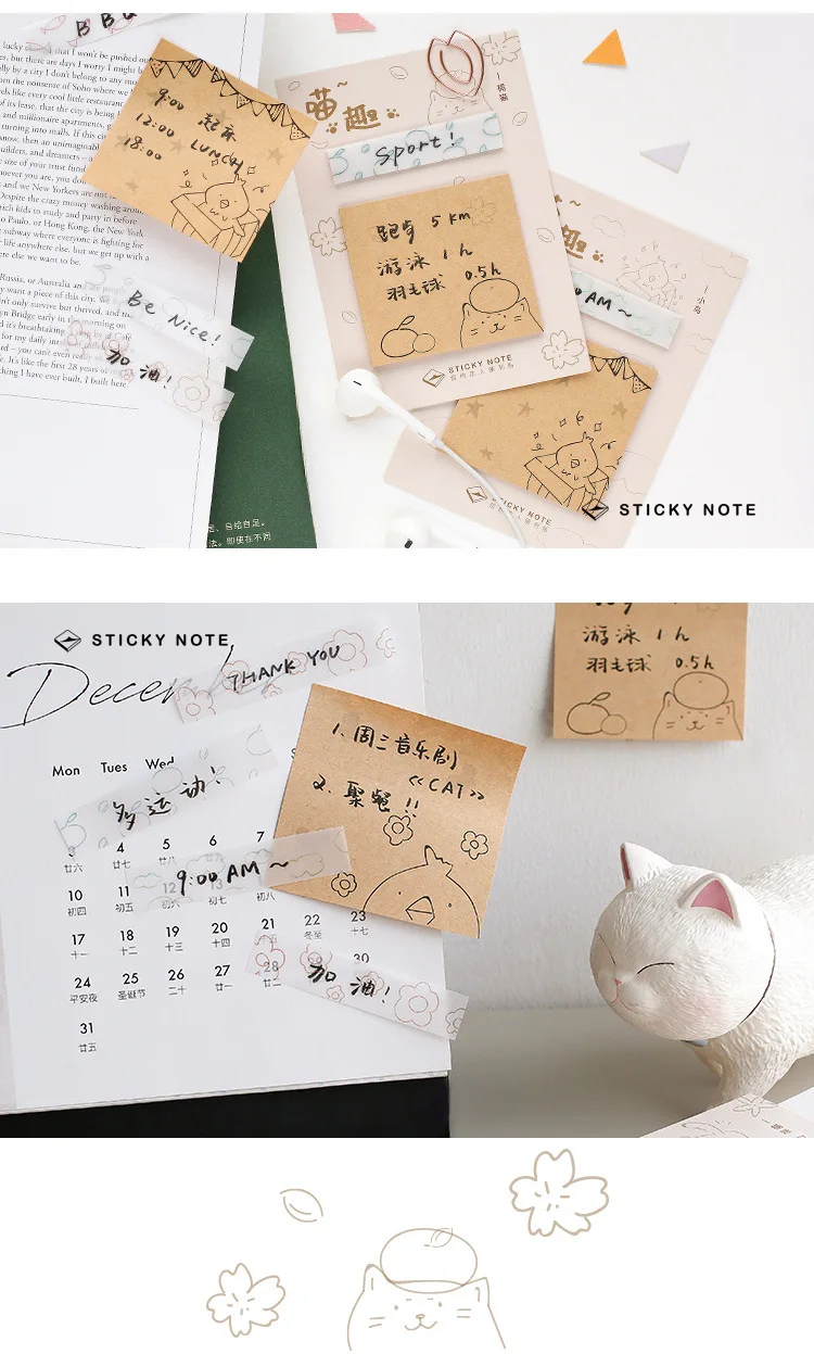 40 шт./партия бумажный блокнот для заметок в стиле ретро Post-it Kawaii маленький котенок с рисунком птицы Липкие заметки Kawaii Канцелярские бумажные заметки