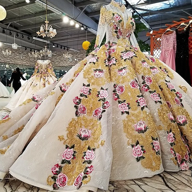 LS78452 100% real pictures 2018 new formal gown show size custom transparent high neck long sleeves muslim golden evening dress