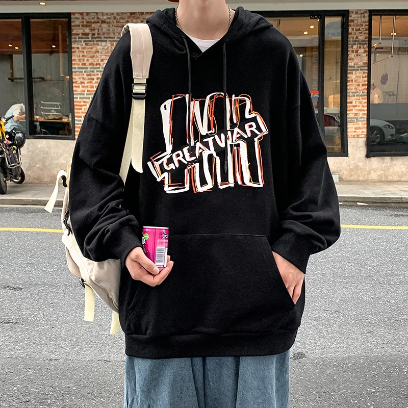 Printed Hoodie Men's Long-sleeved Oversized Korean Style O Neck Loose Streetwear Hip Hop Fashion Cloth Men 2021 Autumn Wear