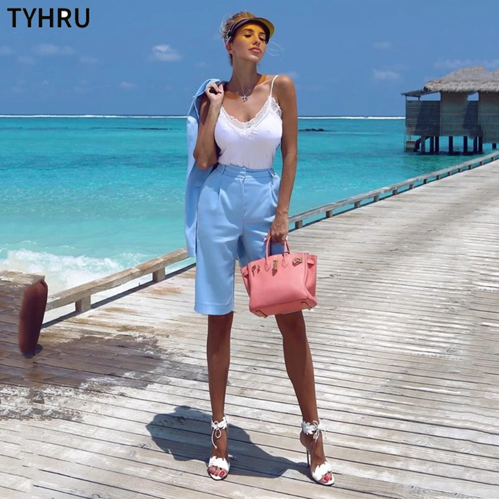 

TYHRU Preorder Women Two-Piece Suit And Shorts Set Solid Color Coat Single Button Long Sleeve Blazers With Shorts Suit