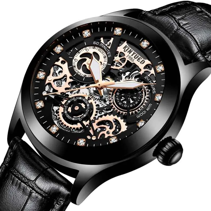 Black Leather KINYUED Мужские автоматические механические часы с ветром, светящаяся вакуумная кофеварка, мужские золотые водонепроницаемые horloges mannen - Цвет: Black Leather