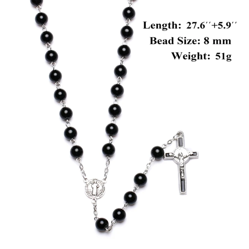 

Ожерелье с крестом из черного стекла, религиозное ожерелье с католическими четками, сувениры для церкви
