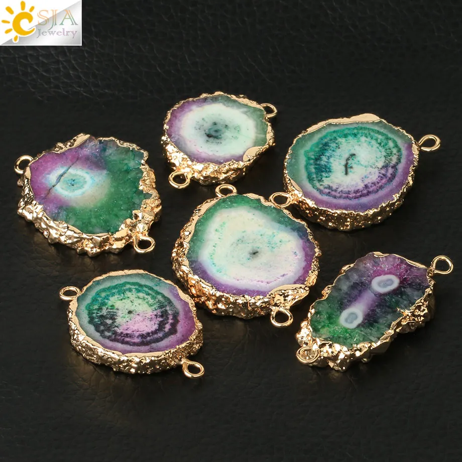 Разноцветный коннектор из натуральных кристаллов CSJA золотистый ободок плоские