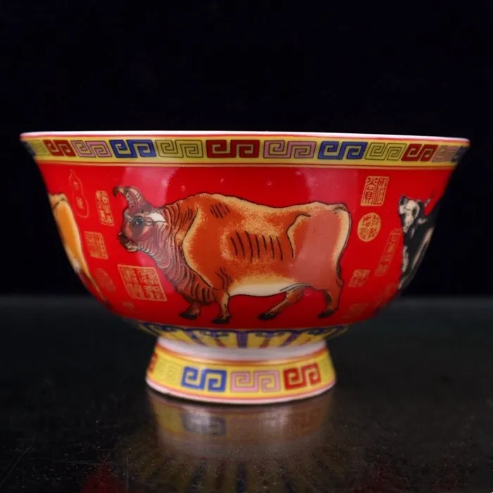 

Small porcelain bowl, Jingdezhen bone porcelain high foot anti scalding five cattle picture
