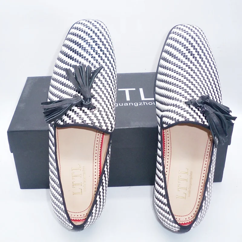 LTTL итальянские модные черно-белые вязаные кожаные лоферы с узором и кисточками