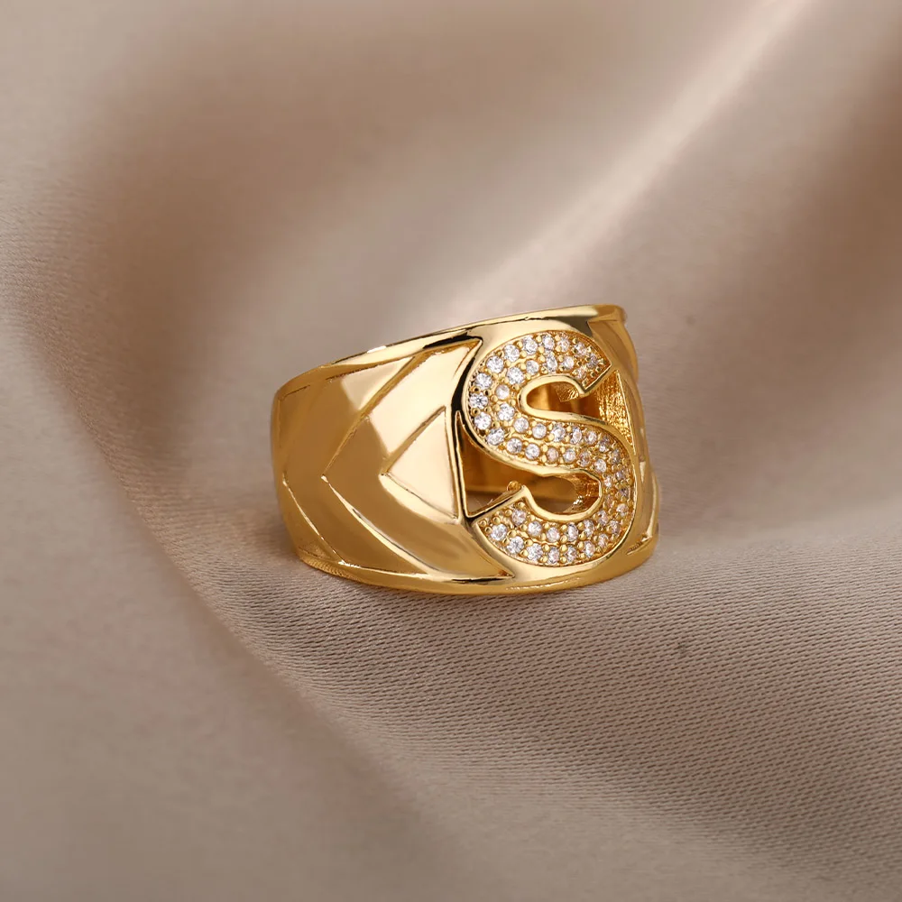 

Zircon Punk Initial Letter Rings For Men Women Gold Adjustable Letters Finger Ring HipHop Birthday Jewelry Gift Bague Femme 2021