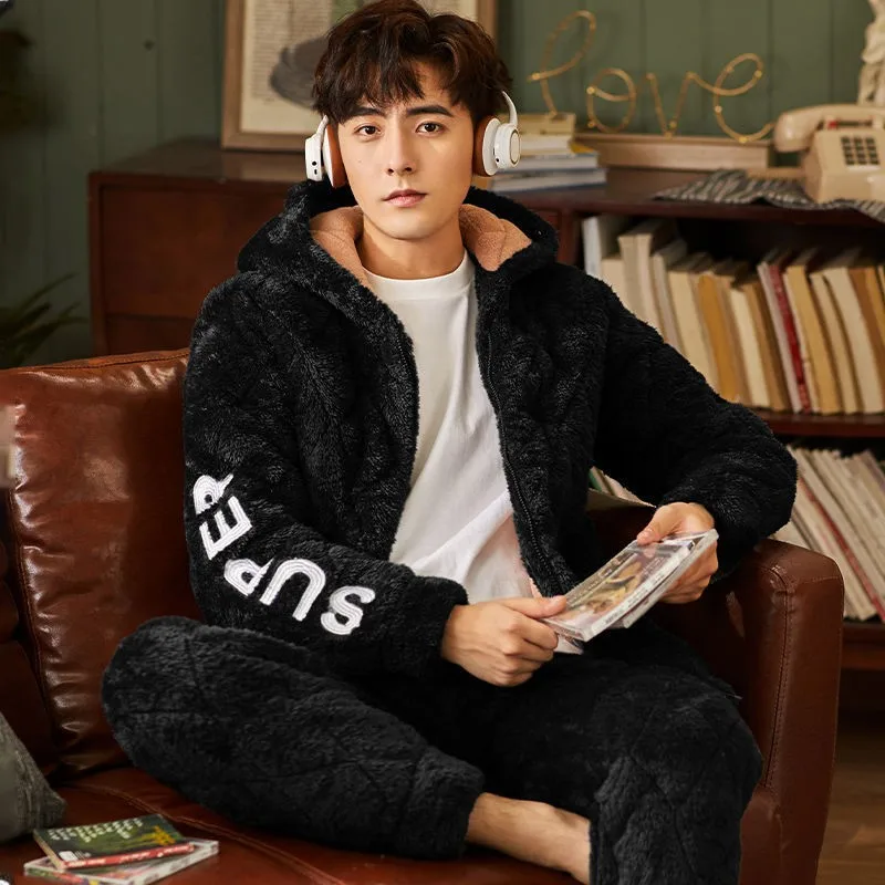 Толстая Коралловая флисовая Пижама комплект из 2 предметов для мужчин зимняя