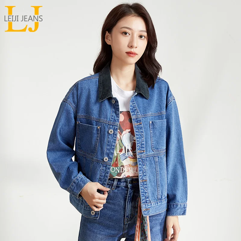 LEIJIJEANS новинка большой размер женская цвет совпадающий с отворотом свободная