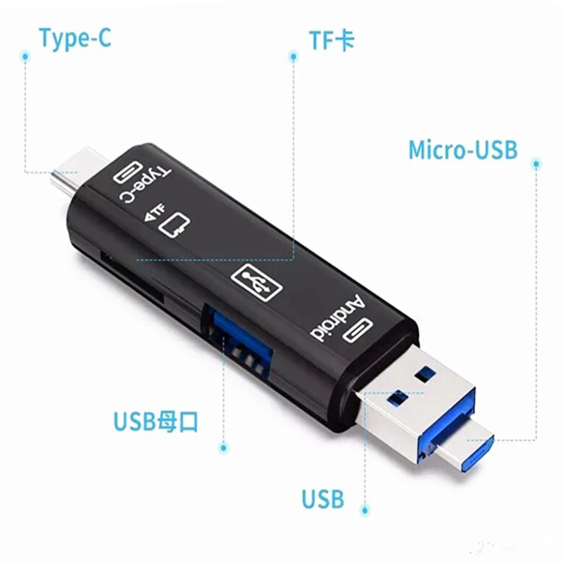 OTG кардридер 5 в 1 устройство для чтения карт Type C MicroUSB и USB высокоскоростной