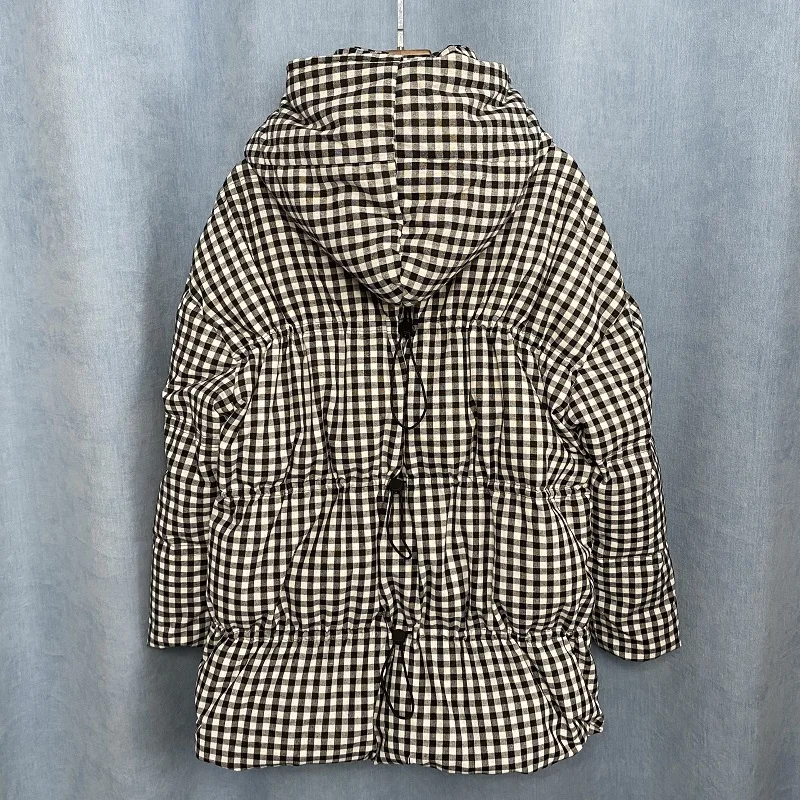 Winter 2021 New Black White Plaid Down Coat Women's Mid-Length Loose Thick Ehite Duck Down Jacket Fashion Drawstring Tide s1244