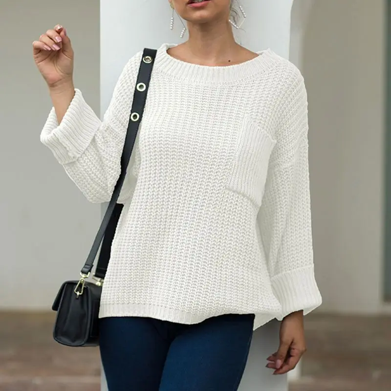 

Women Autumn Long Sleeve O-Neck Sweater Chunky Knitted Solid Color Pullover Tops Casual Loose Jumpers Streetwear with Big Pocket