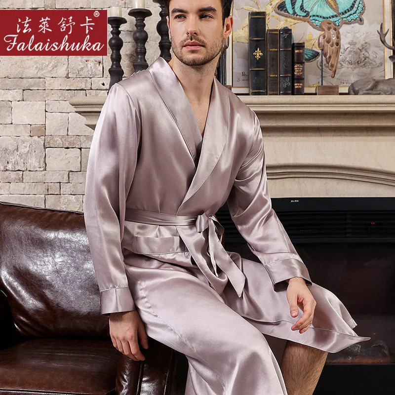 Халаты мужские из натурального шелка однотонная одежда для сна с длинным рукавом