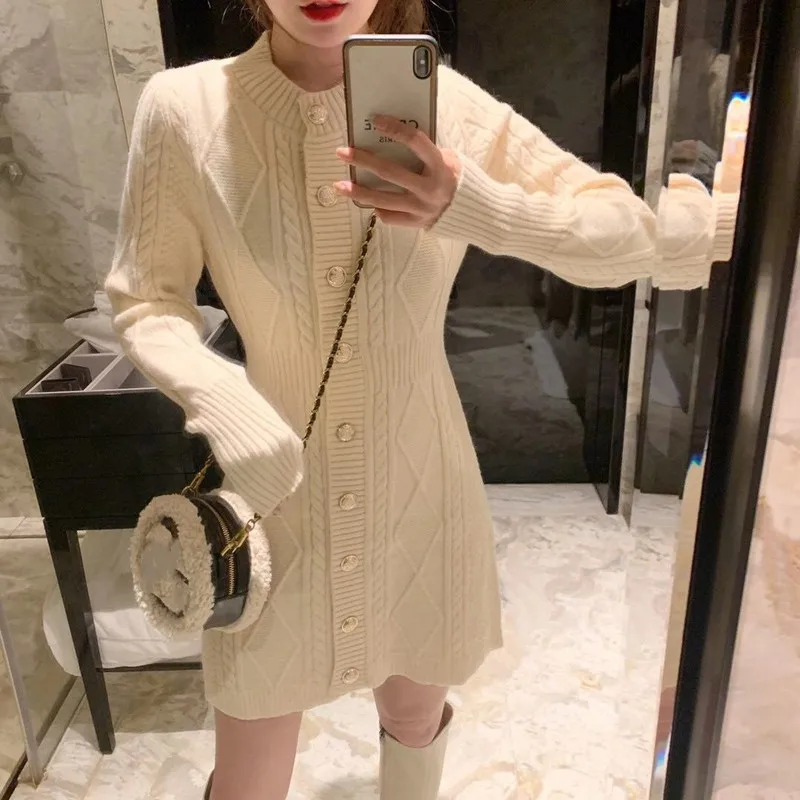

Autumn Small Fragrance A-Line Dress Ladies Solid Color Knitted Long Sleeve Round Neck Single Breasted Casual Women's Clothing