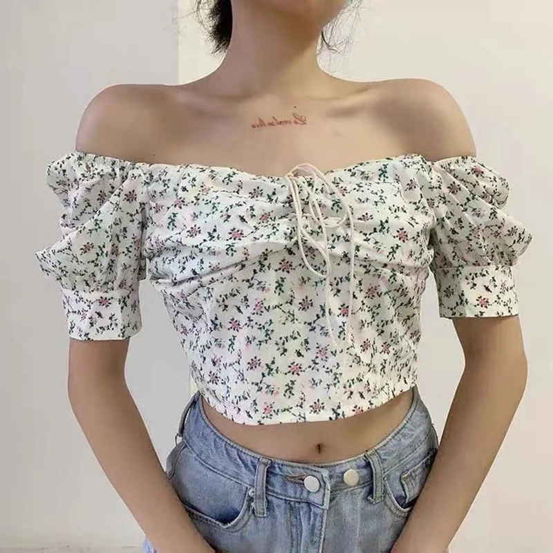 

Tops Sexy Crop Ruffles Puff Sleeve Blouse Women Summer Vintage Square Collar Short Tops Female Korean Fashion Clothing Spring