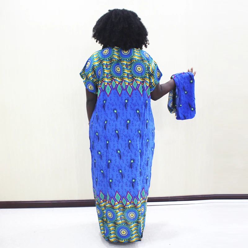 Dashikiage Peacock Feather Print Dress African Dashiki Plus Size Short Sleeve Casual Blue Dresses With Sarf | Тематическая одежда